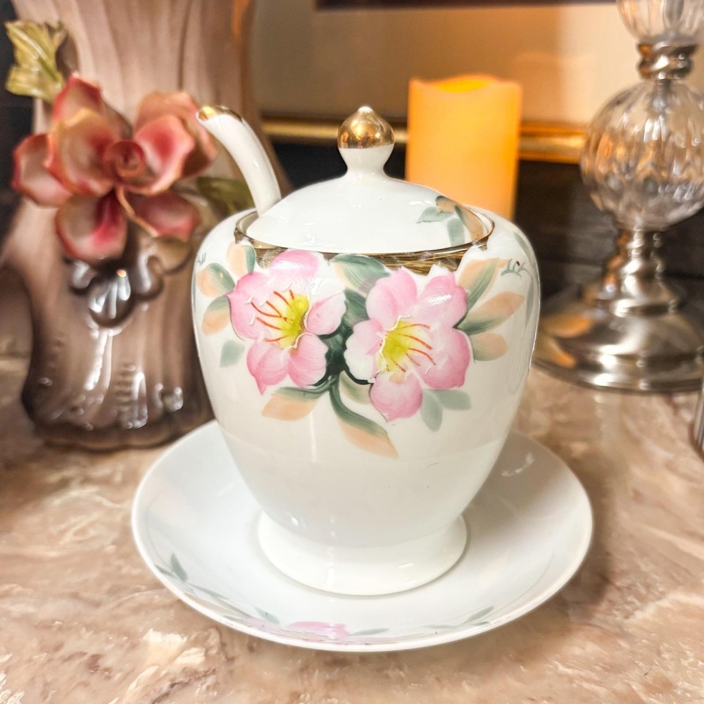 Vintage Noritake 1930's Hand Painted Jam Jar Spoon Underplate Japan Floral Set